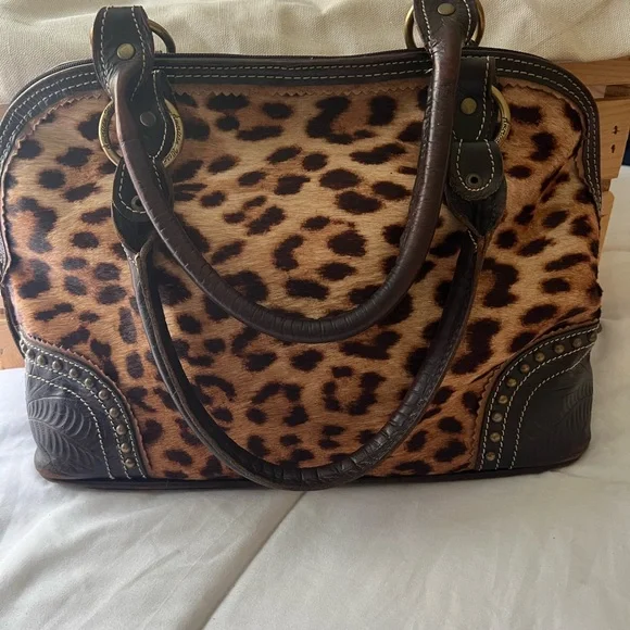 American West Vintage Leather Handbag Tooled Leather/ Animal Print Hair On/Studs - Picture 2 of 15